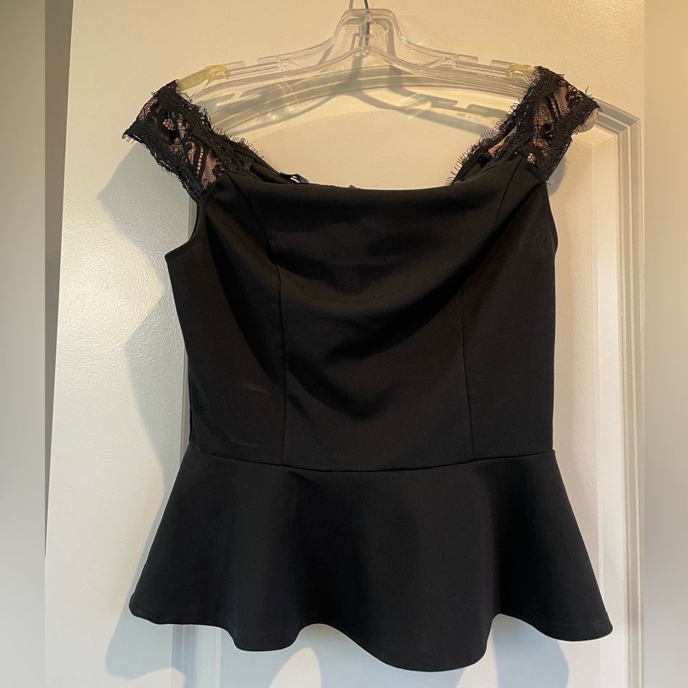 Bebe peplum and lace, off the shoulder top